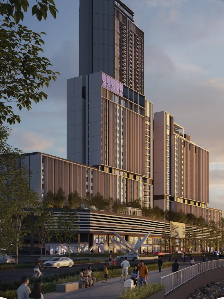 Artist's impression of the Keeperz Suites towers from the Penang waterfront promenade at dusk