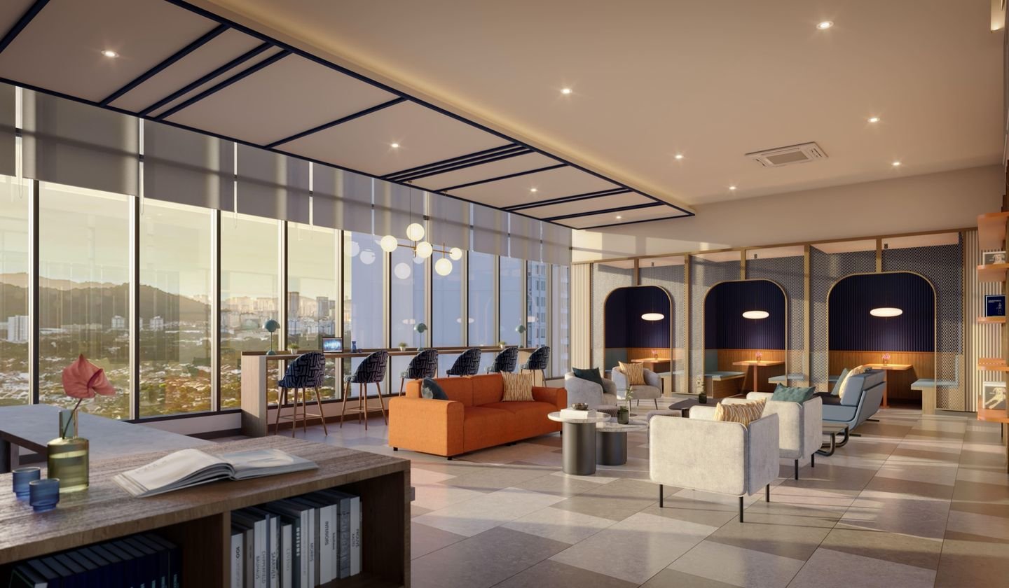 Artist's impression of The CoLab co-working lounge with window counters, sofas and arched booths overlooking the hills