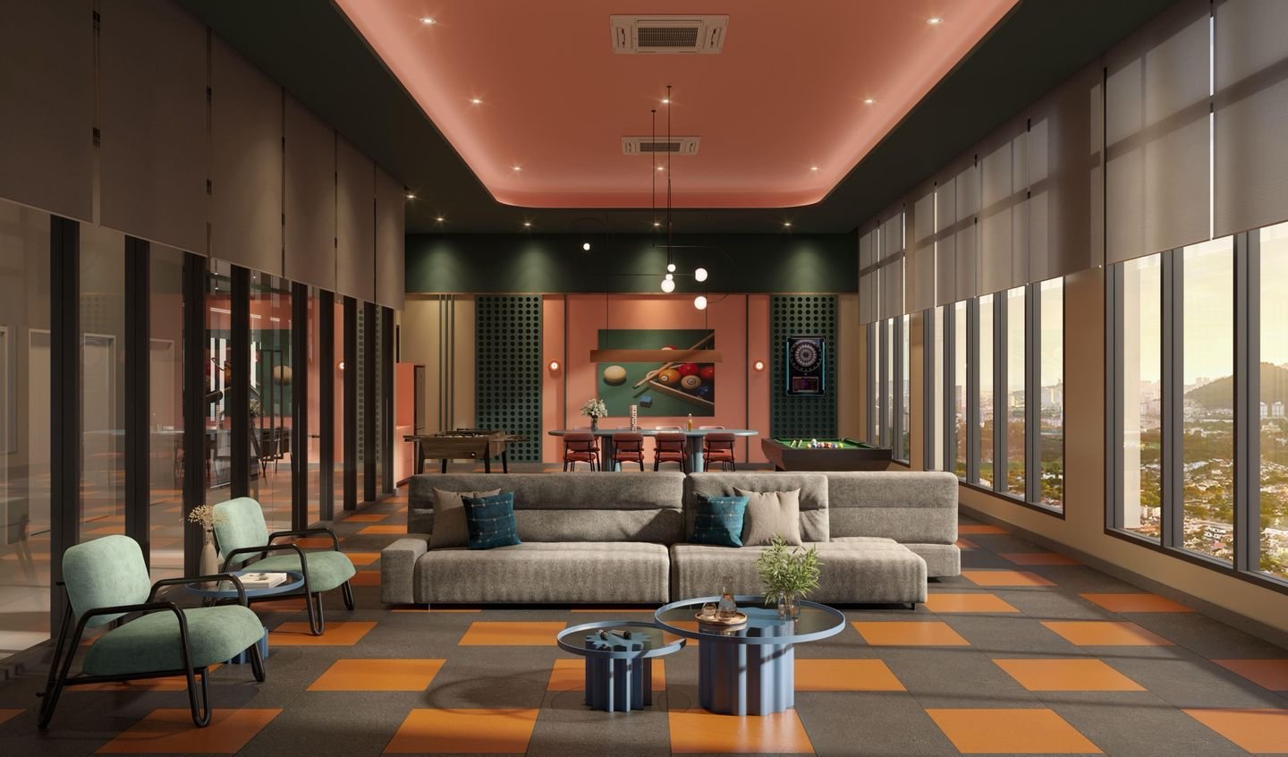 Artist's impression of the Fun Zone games room with a pool table, dart board and lounge seating