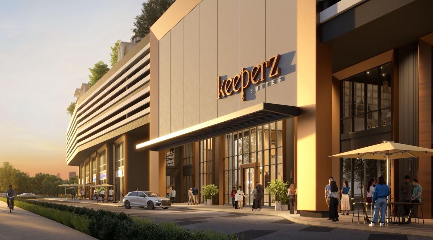 Artist's impression of the Keeper's Gate drop-off and entrance at sunset, with outdoor café seating