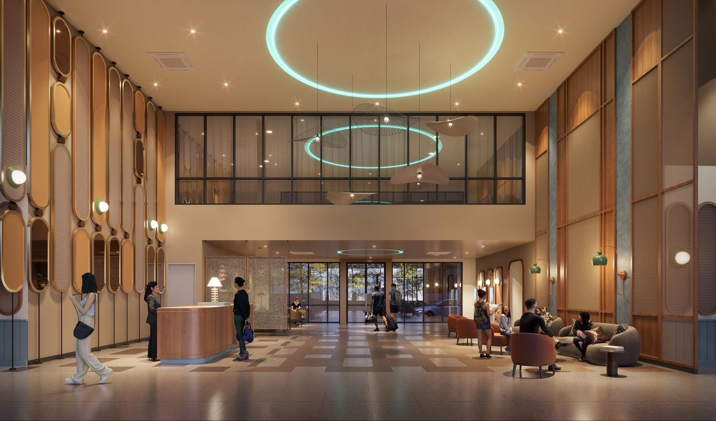 Artist's impression of the double-height Keeper's Lounge lobby with a reception counter, lounge chairs and ring lights