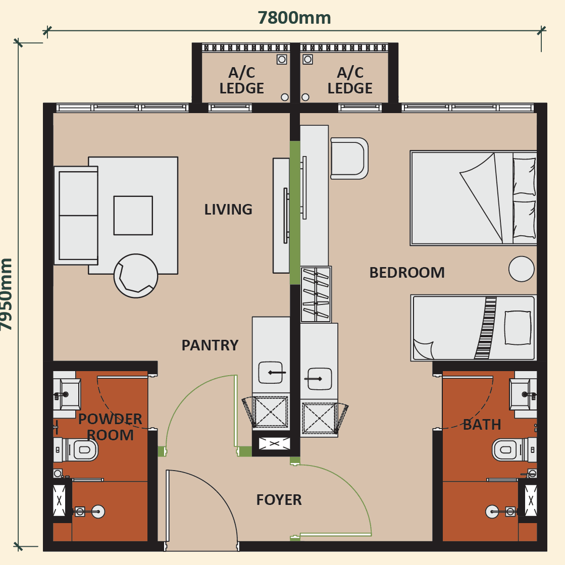 Type B1 floor plan, 581 sq ft: two zones from a shared foyer, a living and pantry zone with powder room, and a bedroom zone with bath, 7,800 by 7,950 mm