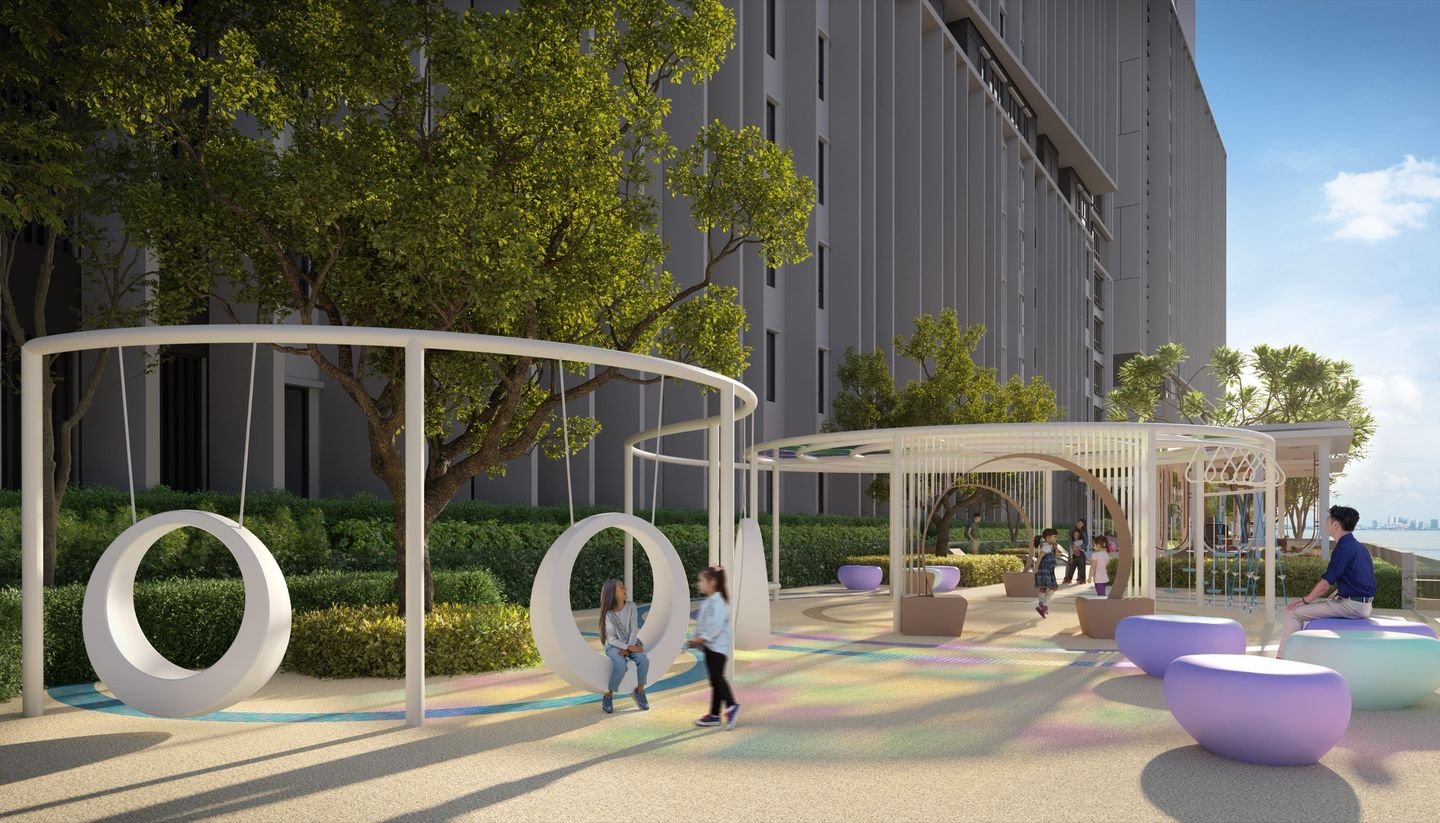 Artist's impression of the Viva Pavilion children's play area with ring swings and pastel seating