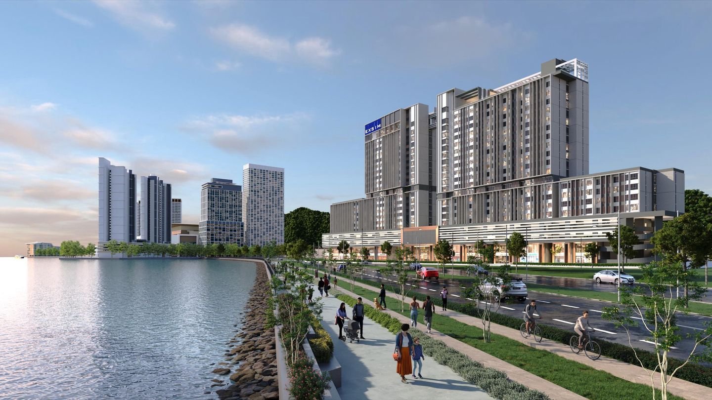 Artist's impression of Keeperz Suites from the waterfront promenade, with the sea, a cycle path and the towers behind