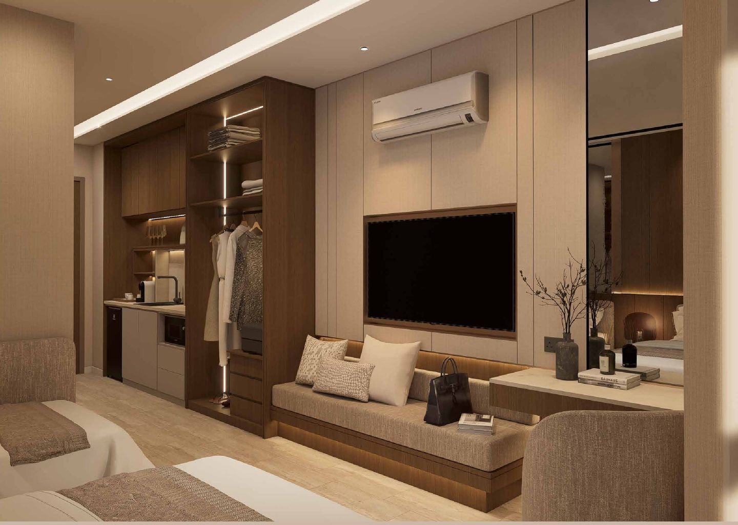Interior design concept for a Type A suite in walnut and linen