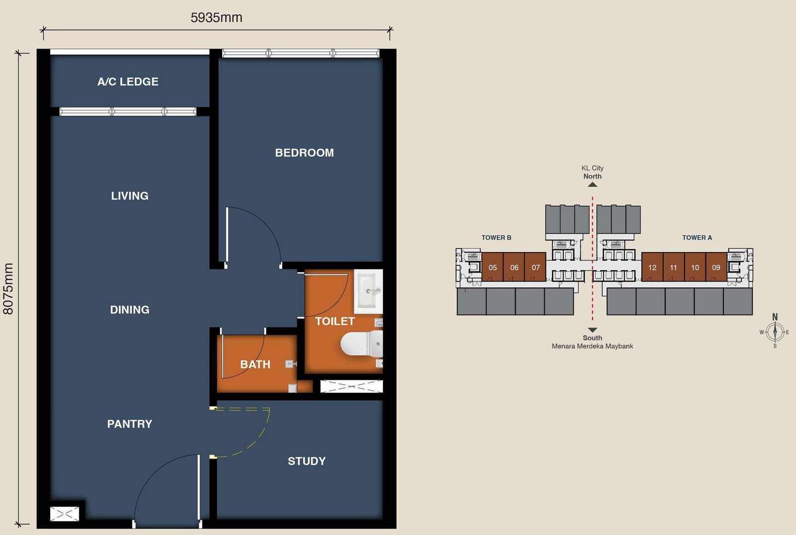 Type B unit plan, 484 sq ft (5,935 × 8,075 mm): living and dining, pantry, bedroom, study (space-planning suggestion), bath and separate toilet, A/C ledge; key plan shows units 05–07 in Tower B and 09–12 in Tower A.