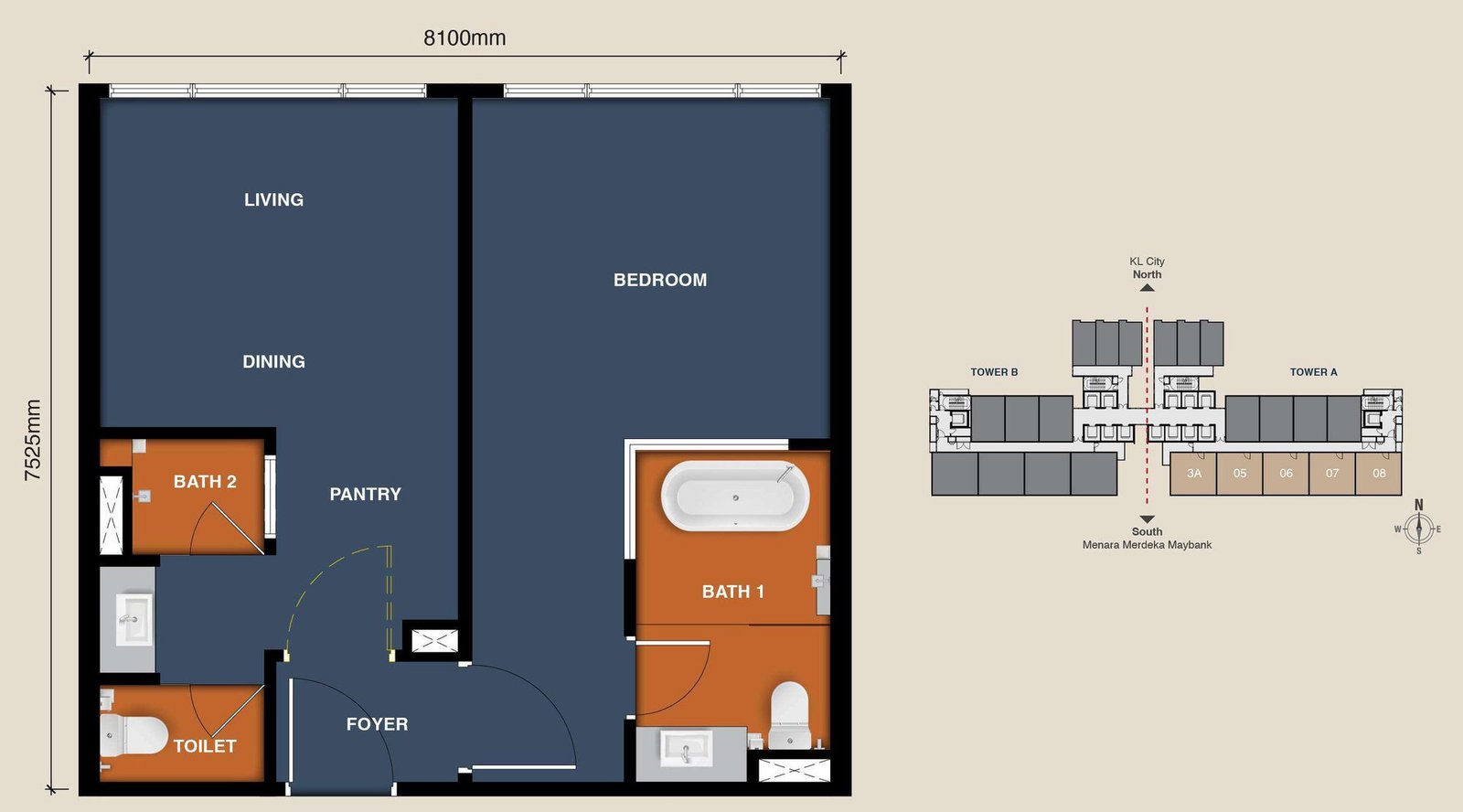 Type C unit plan, 657 sq ft (8,100 × 7,525 mm): shared foyer leading to a living, dining and pantry zone with bath 2 and toilet, and a bedroom zone with bath 1; key plan shows units 3A and 05–08 on the south side.