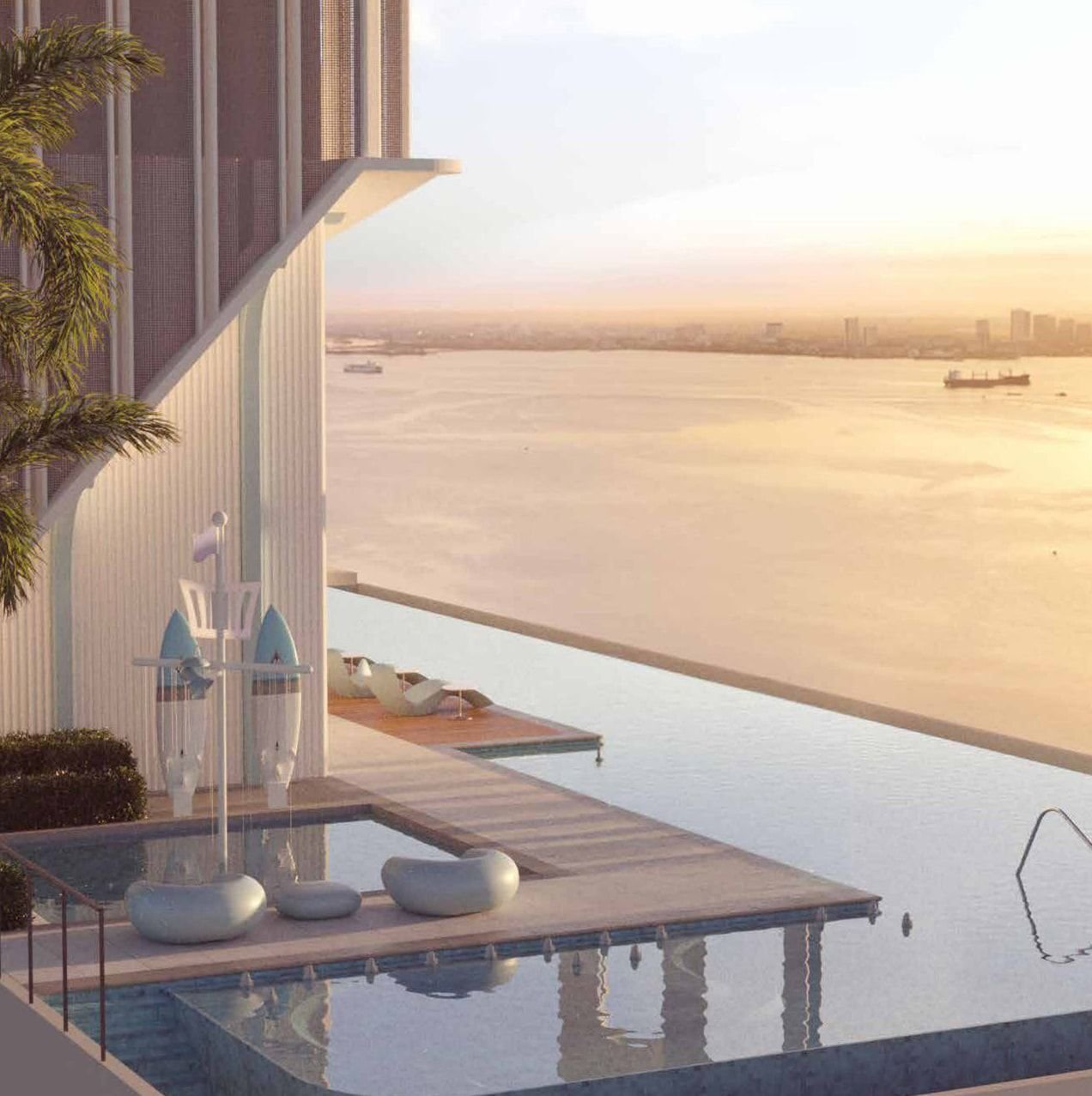 Artist's impression of the rooftop pool deck at sunset