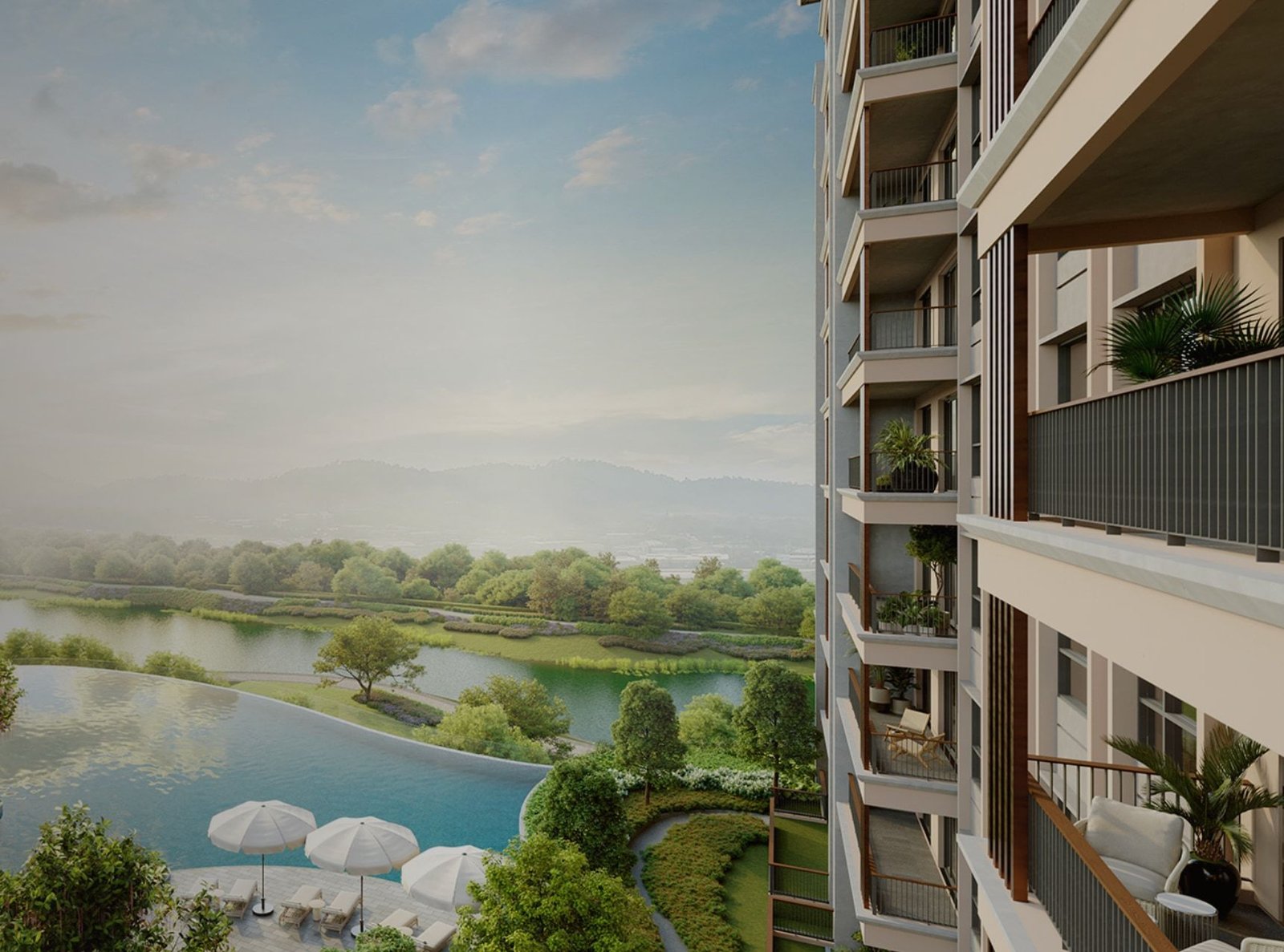 Artist's impression of the Condovilla blocks rising above a pool and the pond
