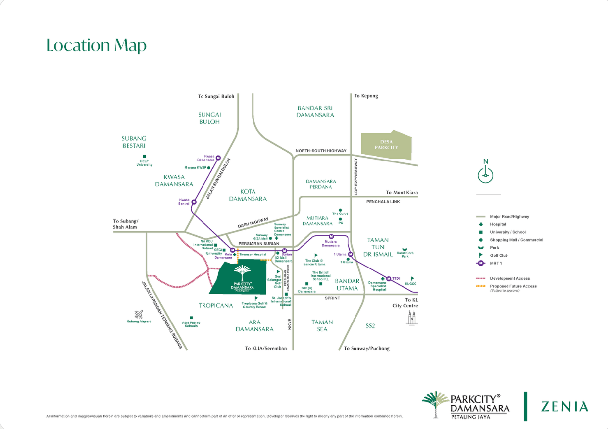 Developer's location map of ParkCity Damansara, showing Kota Damansara, Mutiara Damansara, Bandar Utama, the MRT stations and the main highways